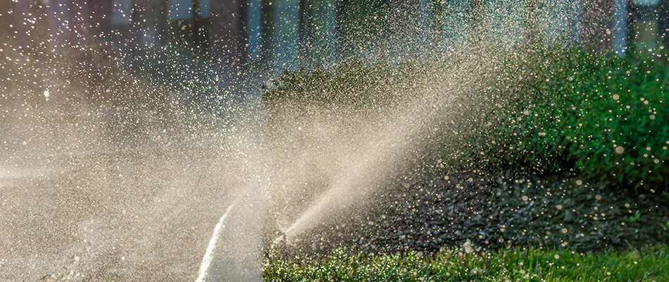 Commercial irrigation system watering grass near Southwest Calgary, AB.