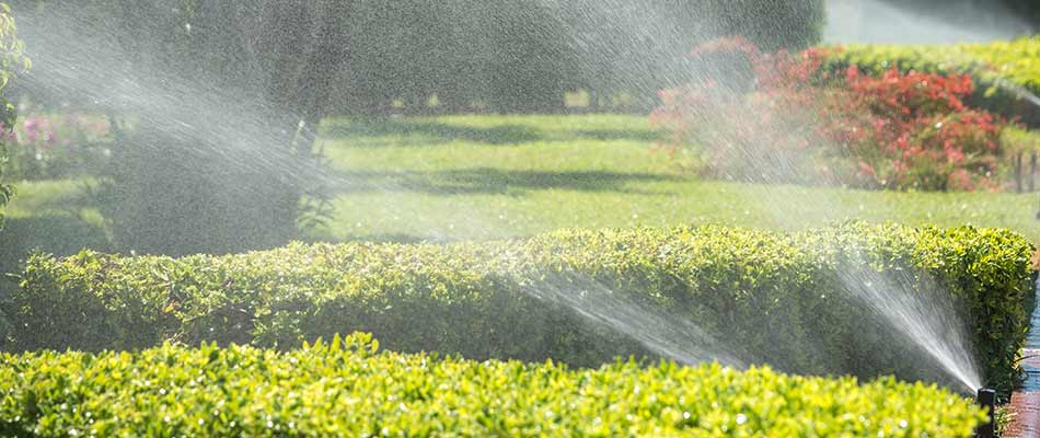 Commercial irrigation sprinklers watering hedges and shrubs in Airdrie, Alberta.