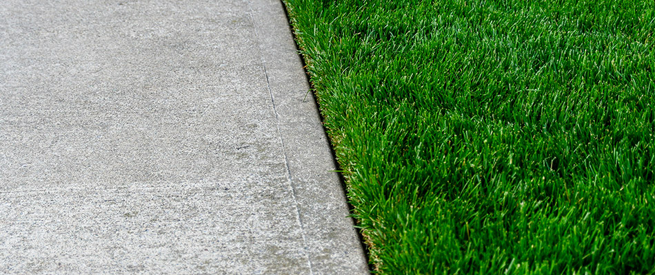 A freshly edged lawn alongside a walkway in Aspen Woods, AB.