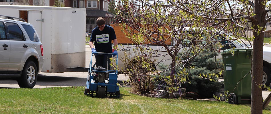 Prestige employee aerating a lawn with machine in Okotoks, AB.