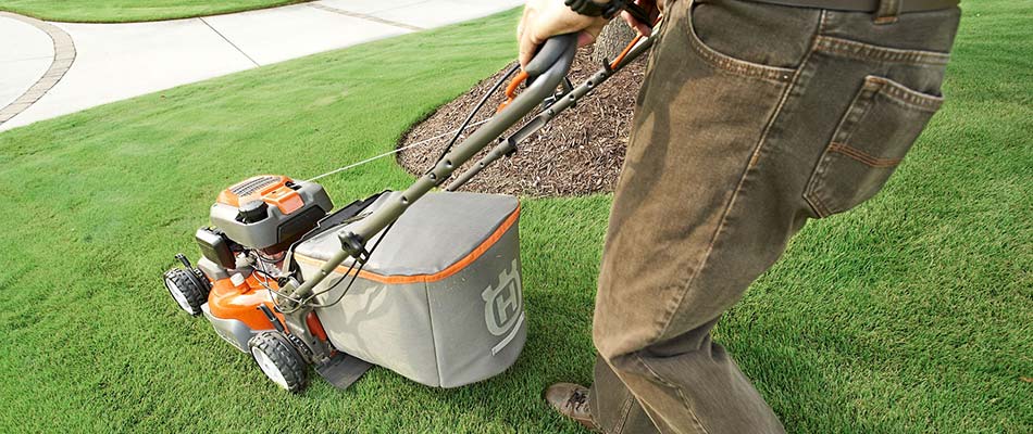 Mowing a lawn with a push mower in Calgary, AB.