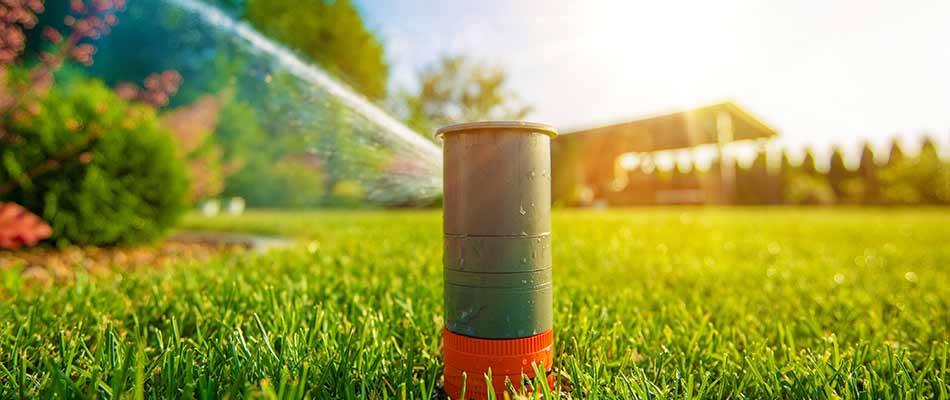 Sprinkler watering a vivid, green lawn near Chestermere, Alberta.