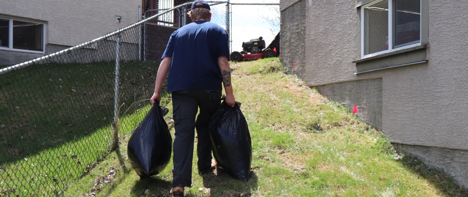 content prestige employee hauling bags of leaves and debris away